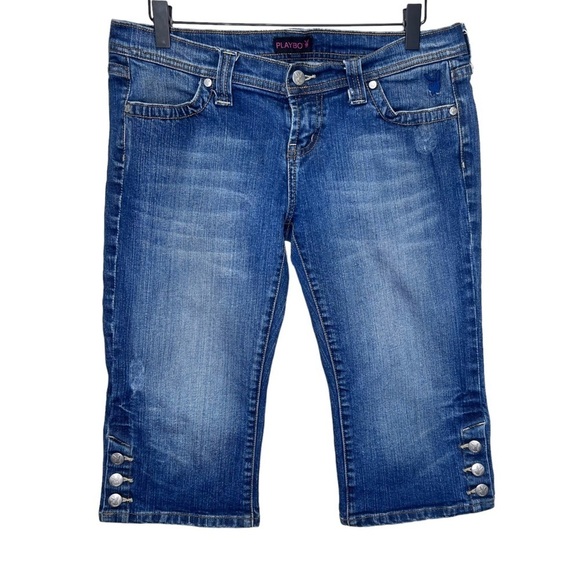 Y2K Vintage Playboy Denim Capris Button Detail Casual Denim Cropped Distressed - Picture 1 of 14